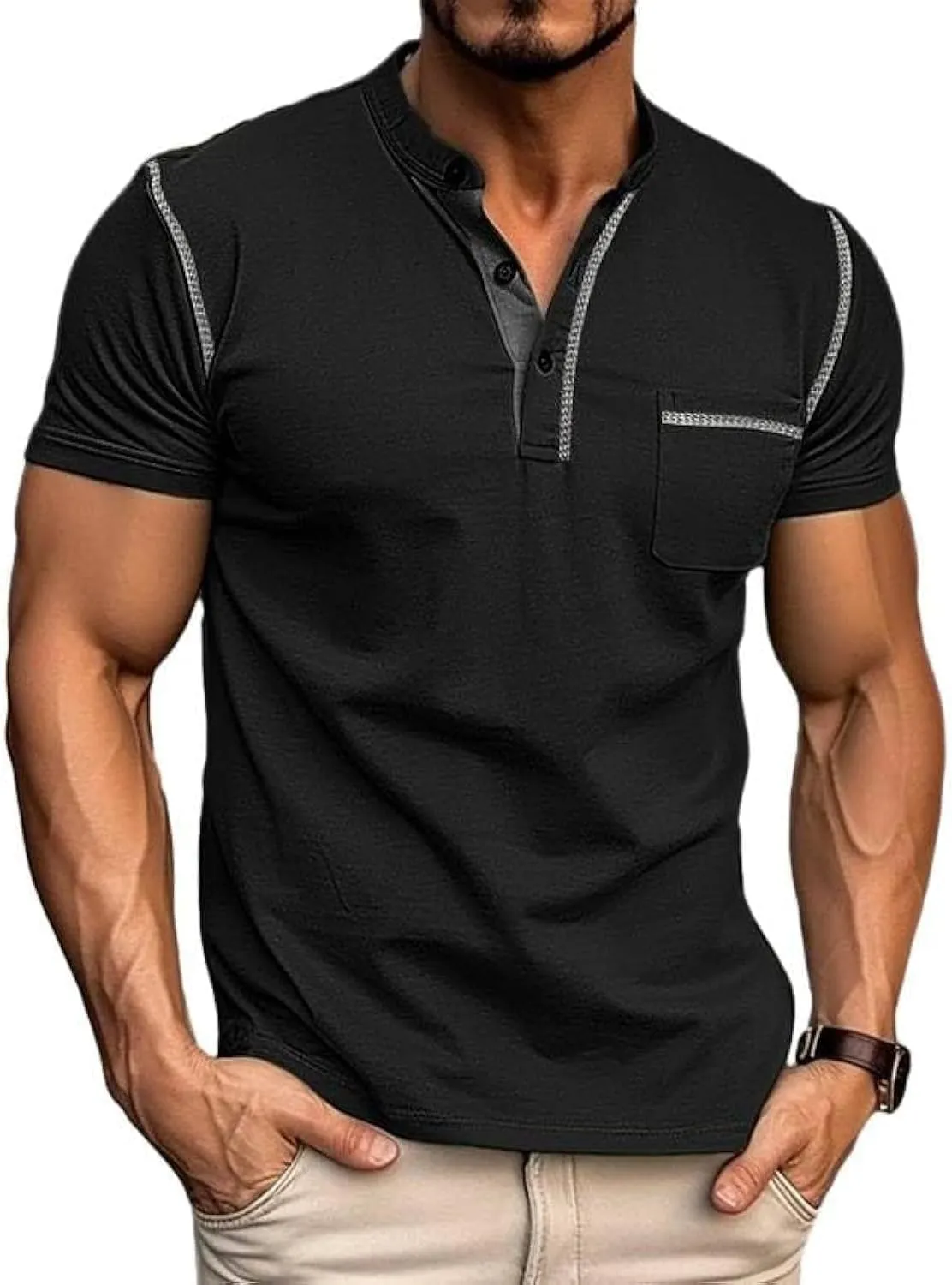 Men's Fashion Henley Shirt Classic Short/Long Sleeve Lightweight Button Cotton T-Shirt Casual Top