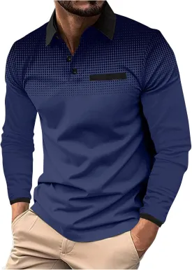 Men's Gradient Printed Sport Shirt Button Lapel Long Sleeve Tops Casual Golf Polo Shirts Fall Winter Tops