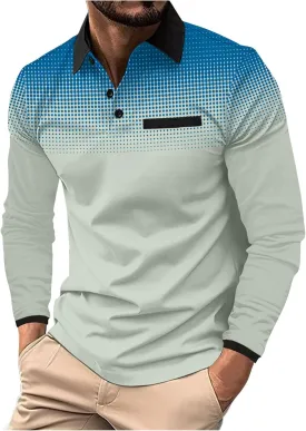 Men's Gradient Printed Sport Shirt Button Lapel Long Sleeve Tops Casual Golf Polo Shirts Fall Winter Tops