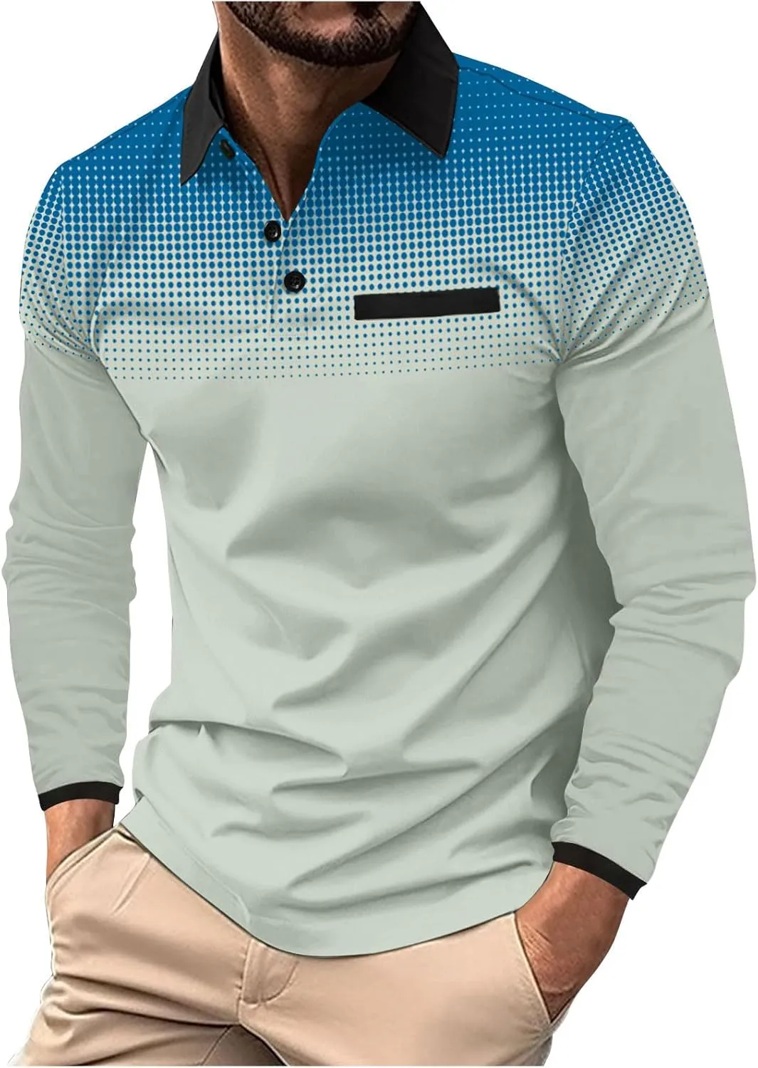 Men's Gradient Printed Sport Shirt Button Lapel Long Sleeve Tops Casual Golf Polo Shirts Fall Winter Tops