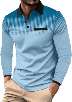 Men's Gradient Printed Sport Shirt Button Lapel Long Sleeve Tops Casual Golf Polo Shirts Fall Winter Tops