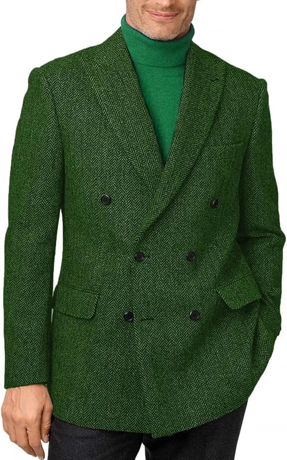 Mens Tweed Herringbone Blazer Fashion Double Breasted Tuxedo Jacket for Party STJK001