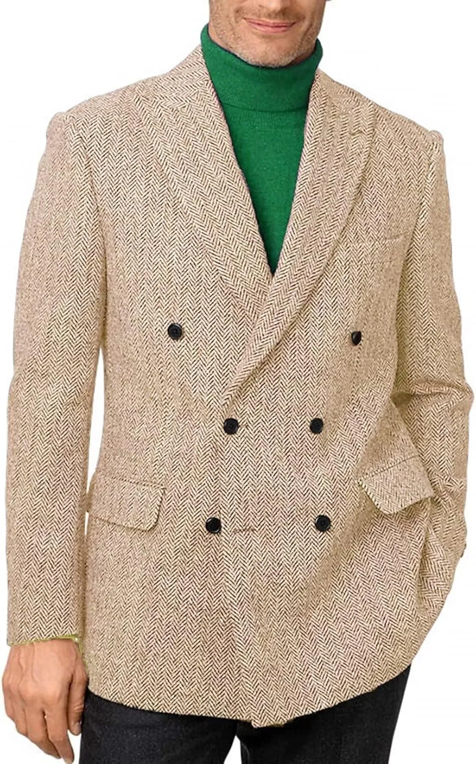 Mens Tweed Herringbone Blazer Fashion Double Breasted Tuxedo Jacket for Party STJK001