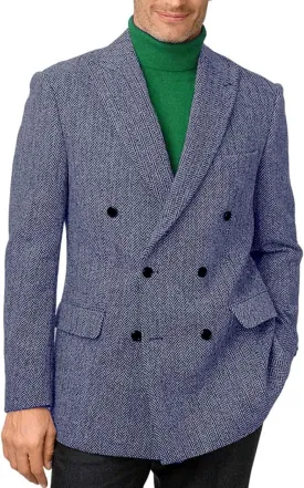 Mens Tweed Herringbone Blazer Fashion Double Breasted Tuxedo Jacket for Party STJK001