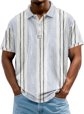 Mens Vertical Striped Polo Shirts Summer Color Block Tshirt Plus Size V Neck Tee Short Sleeve Vintage Collar Tops