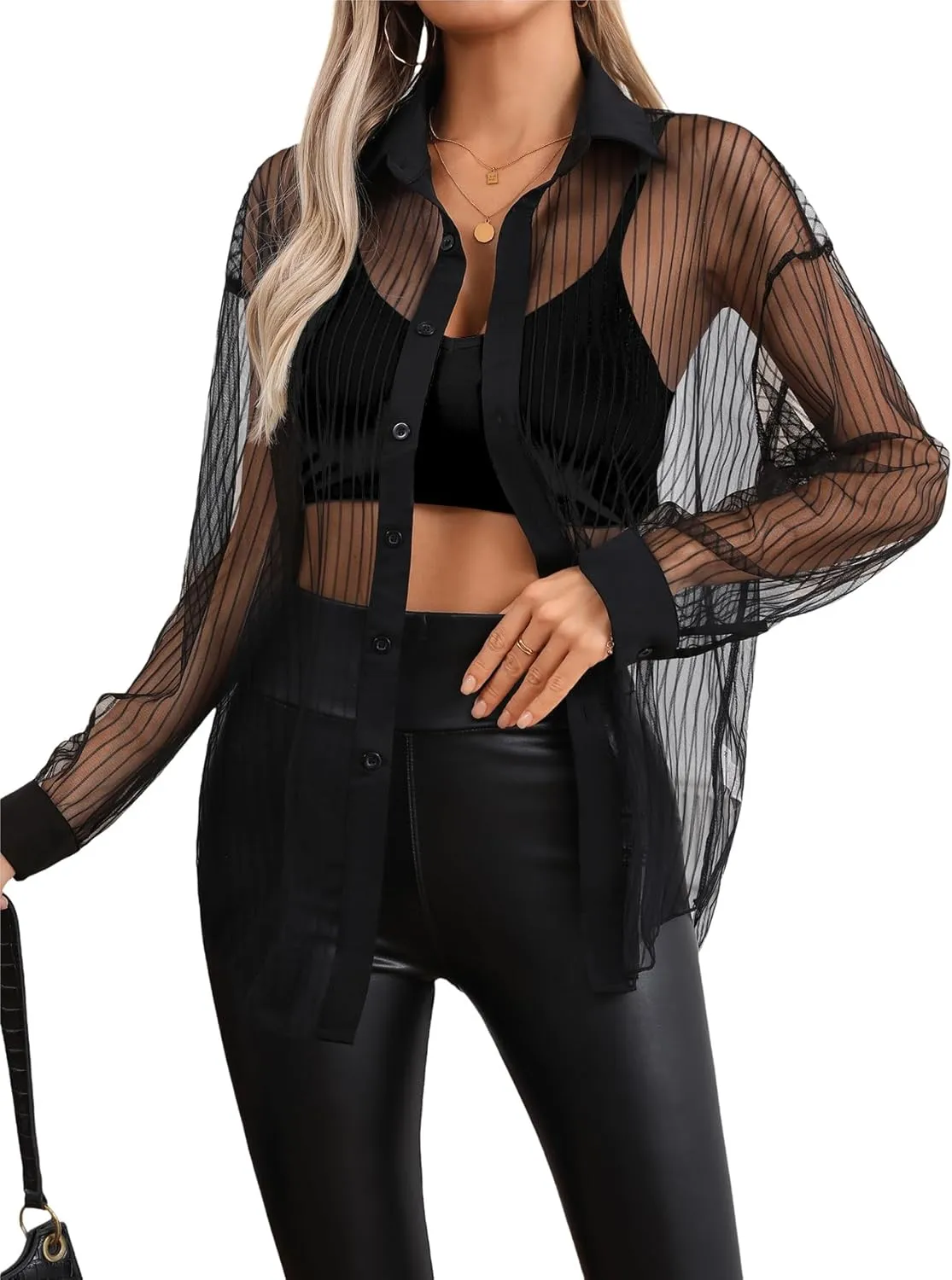 Milumia Women Striped Mesh Sheer Button Up Shirt Long Sleeve Drop Shoulder Blouse Top