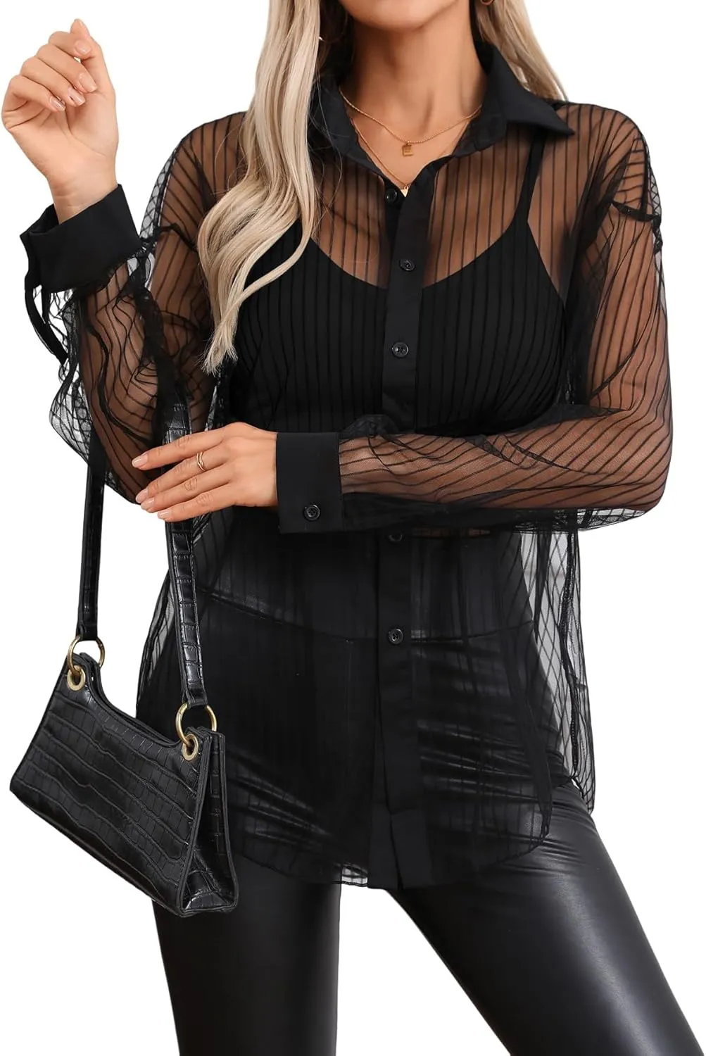 Milumia Women Striped Mesh Sheer Button Up Shirt Long Sleeve Drop Shoulder Blouse Top
