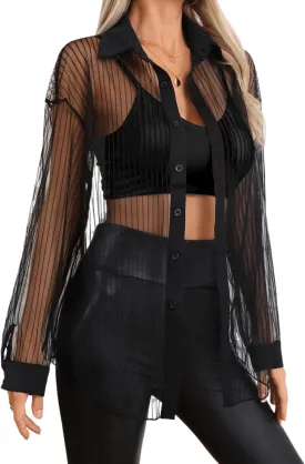 Milumia Women Striped Mesh Sheer Button Up Shirt Long Sleeve Drop Shoulder Blouse Top