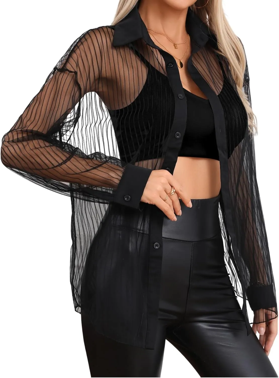 Milumia Women Striped Mesh Sheer Button Up Shirt Long Sleeve Drop Shoulder Blouse Top