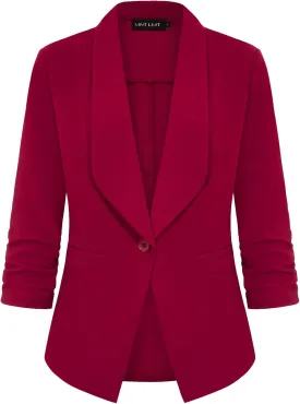 MINTLIMIT Women's Casual Blazer 3/4 Ruched Sleeve Open Front Button Work Office Cardigan Suit Jackets with Pocket