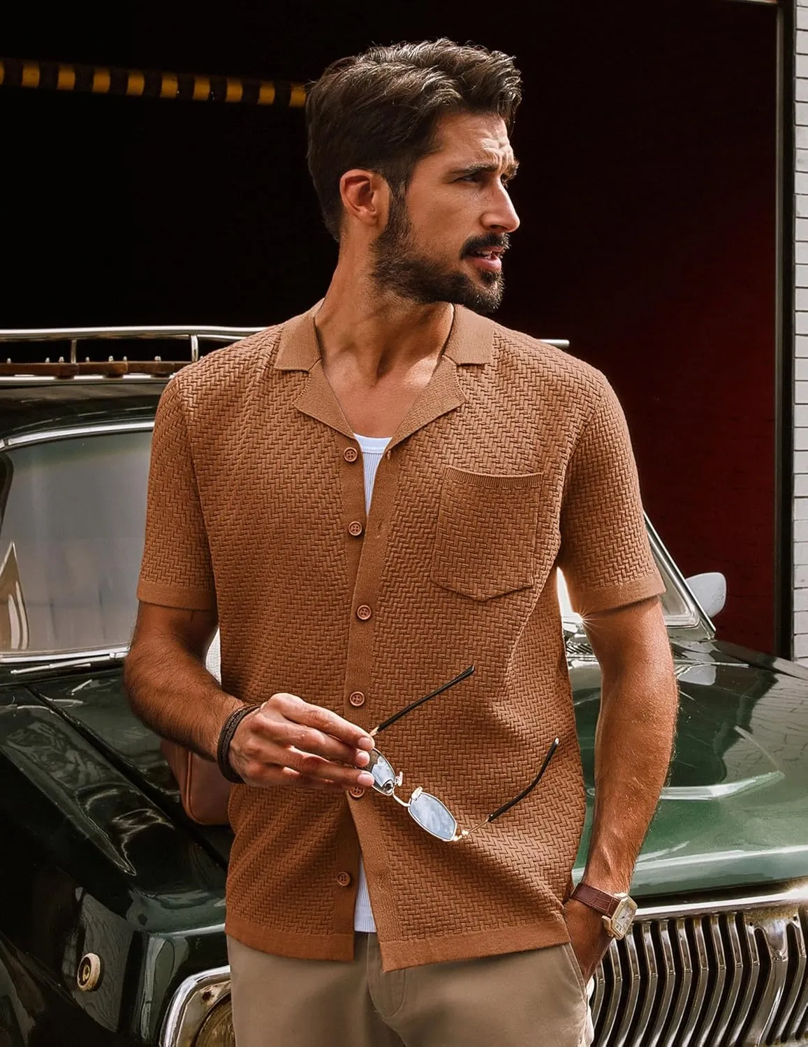 PJ PAUL JONES Mens Knit Shirts Vintage Retro Short Sleeve Button Down Vacation Polo Shirts