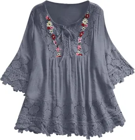 Plus Size Blouse Women Vintage Lace Patchwork Bow V-Neck Embroidery Summer Three Quarter Retro Solid Tops T-Shirt S-5XL