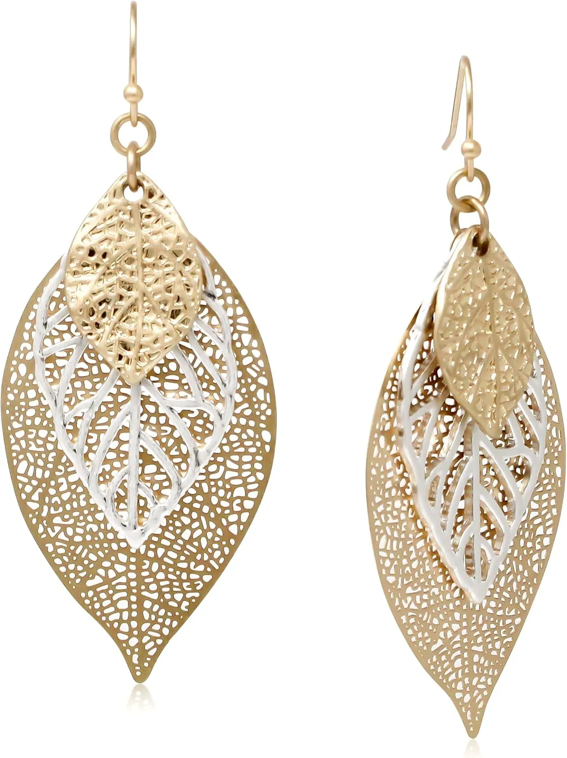 Pomina Choco Gold Fashion Fall Leaf Boho Earrings Gold Silver Two Tone Filigree Leaf Dangle Drop Earrings for Women