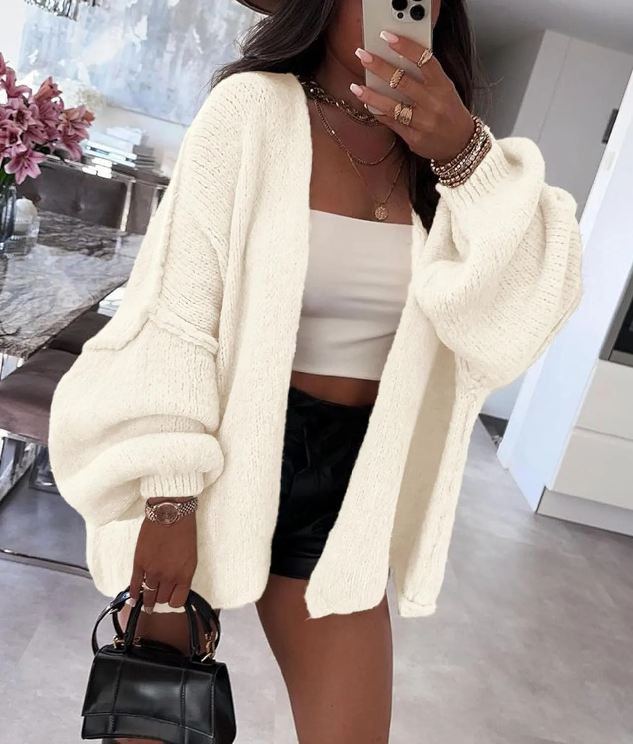 PRETTYGARDEN Womens Oversized Cardigan Sweaters 2025 Fall Long Lantern Sleeve Knit Open Front Lightweight Sweater