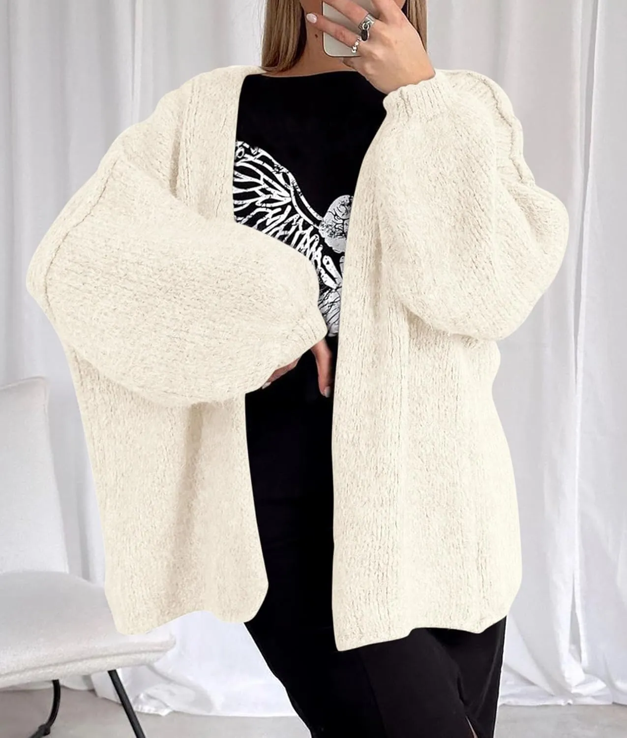 PRETTYGARDEN Womens Oversized Cardigan Sweaters 2025 Fall Long Lantern Sleeve Knit Open Front Lightweight Sweater