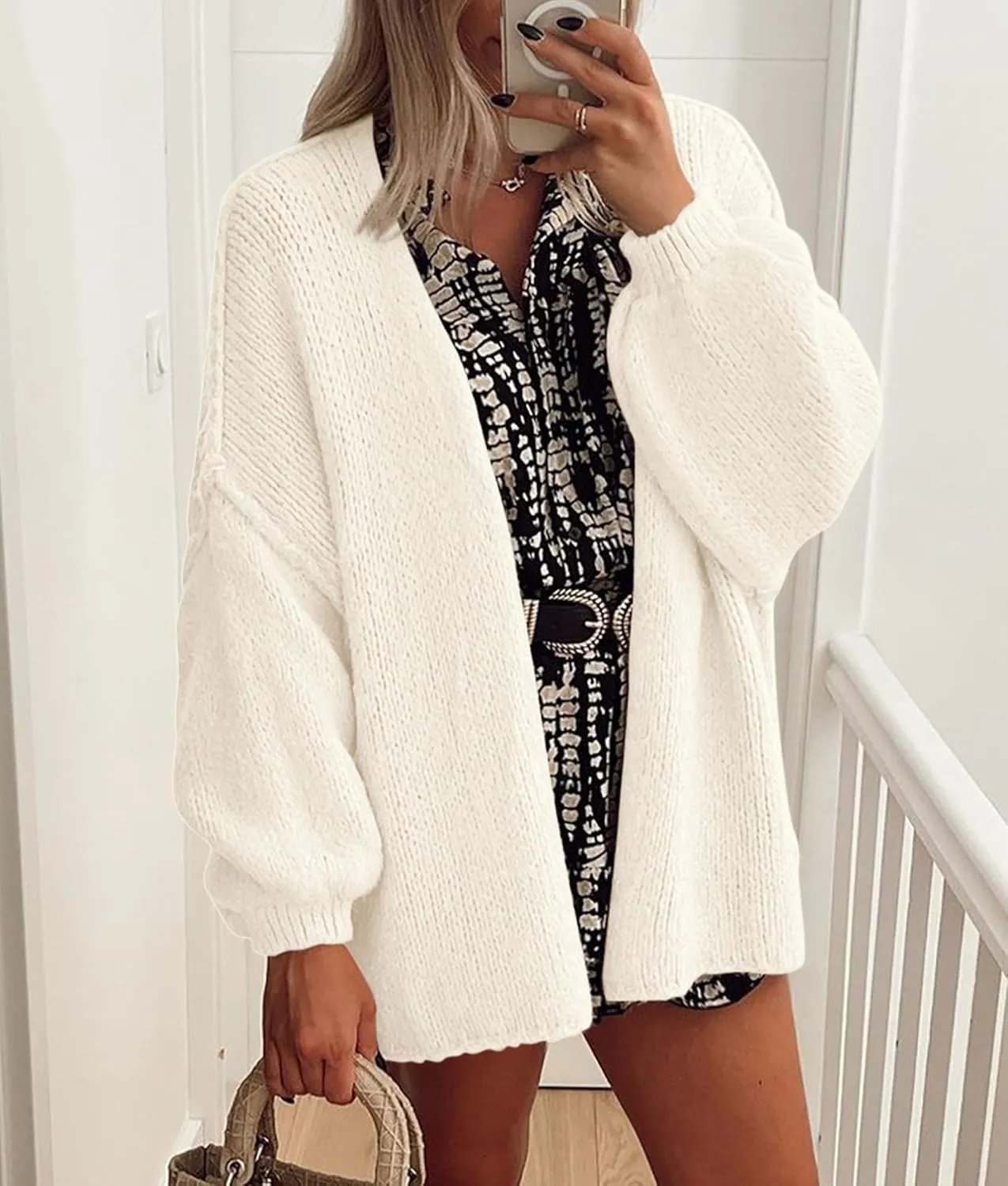 PRETTYGARDEN Womens Oversized Cardigan Sweaters 2025 Fall Long Lantern Sleeve Knit Open Front Lightweight Sweater