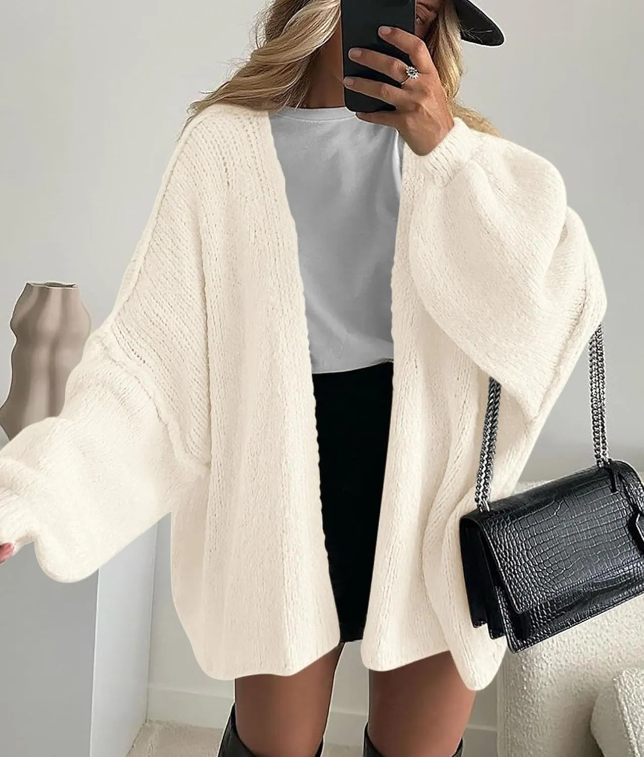 PRETTYGARDEN Womens Oversized Cardigan Sweaters 2025 Fall Long Lantern Sleeve Knit Open Front Lightweight Sweater
