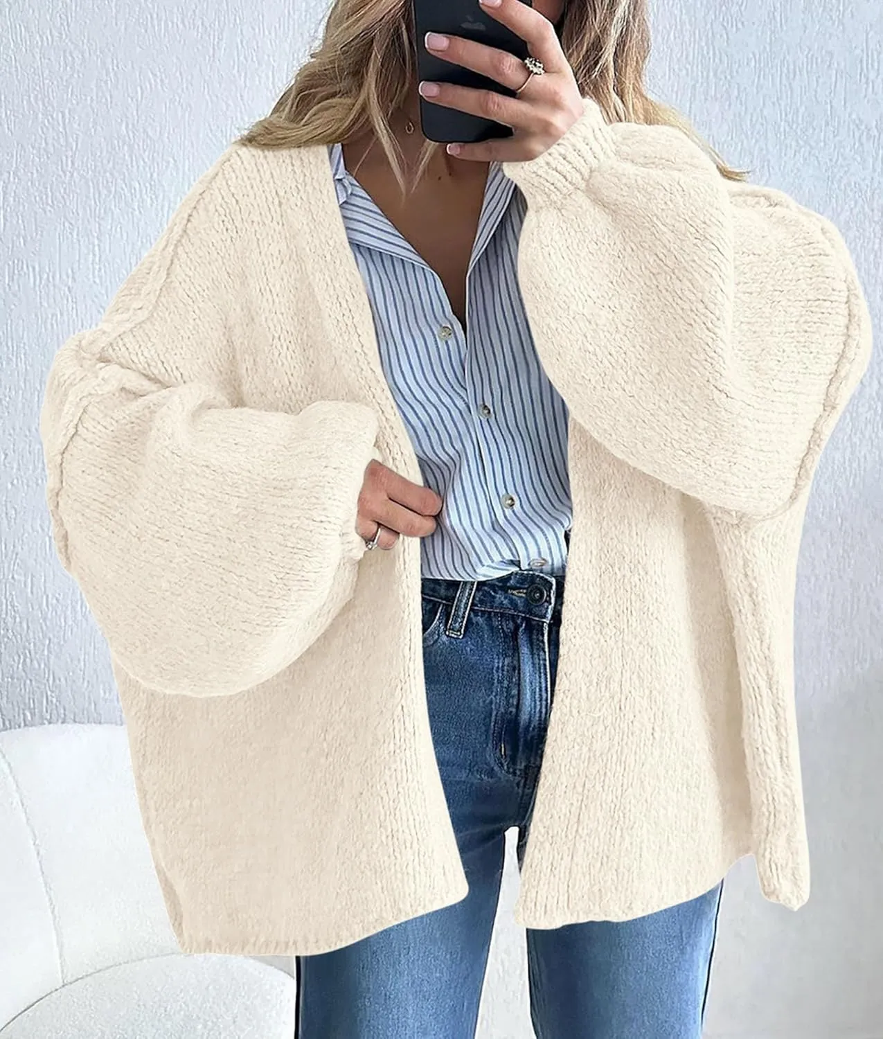 PRETTYGARDEN Womens Oversized Cardigan Sweaters 2025 Fall Long Lantern Sleeve Knit Open Front Lightweight Sweater