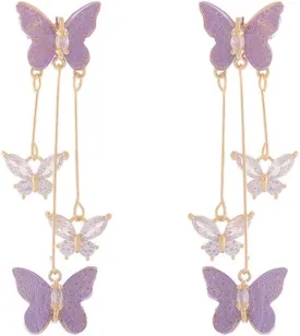 Purple Butterfly Tassel Style Zircon Earrings for Women, Crystal Rhinestone Butterfly Earrings, Long Crystal Drop Dangle Earrings for Women