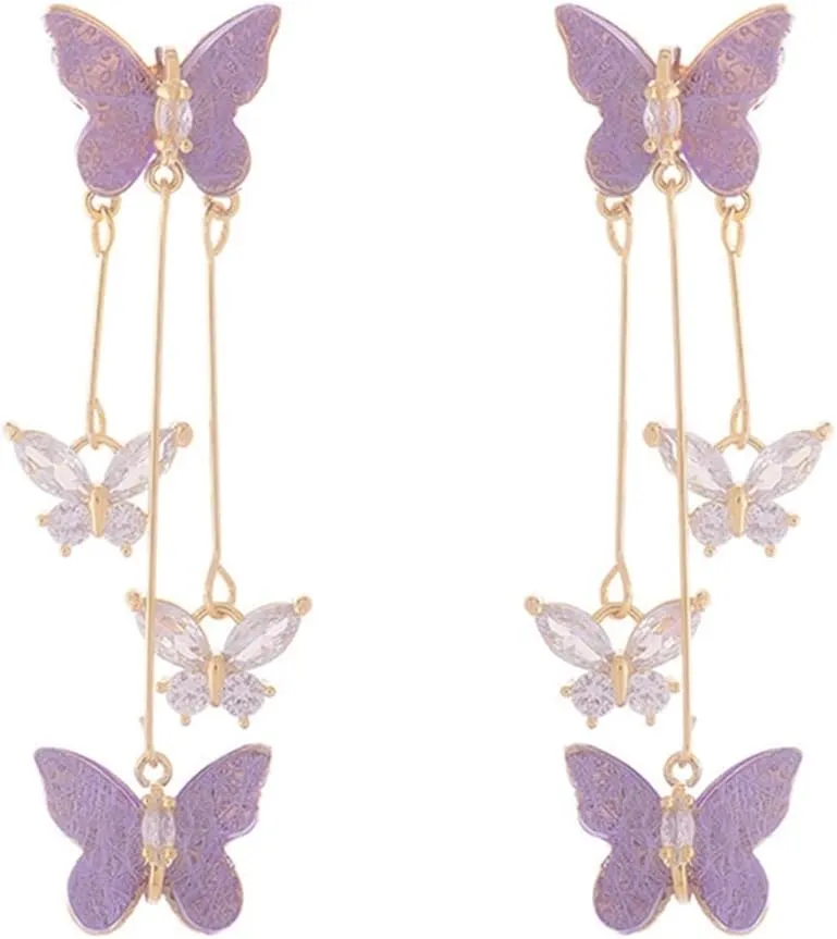 Purple Butterfly Tassel Style Zircon Earrings for Women, Crystal Rhinestone Butterfly Earrings, Long Crystal Drop Dangle Earrings for Women
