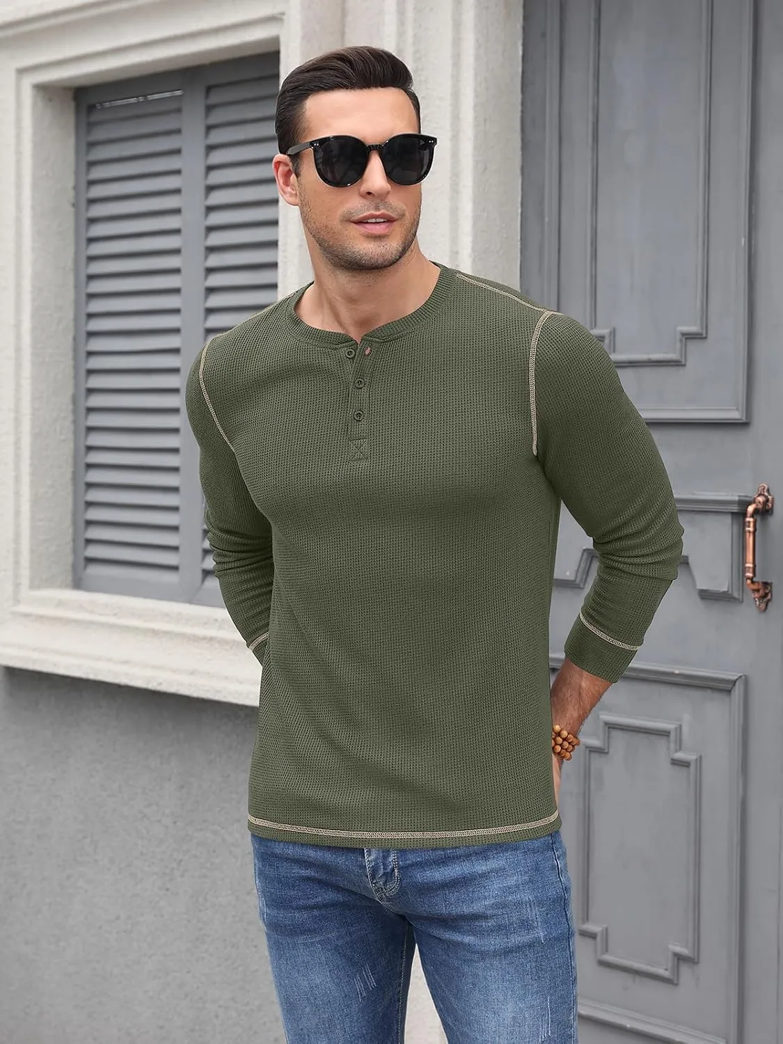 RQP Mens Henley Long Sleeve Waffle Knit Tee Fashion Button Fall Shirts