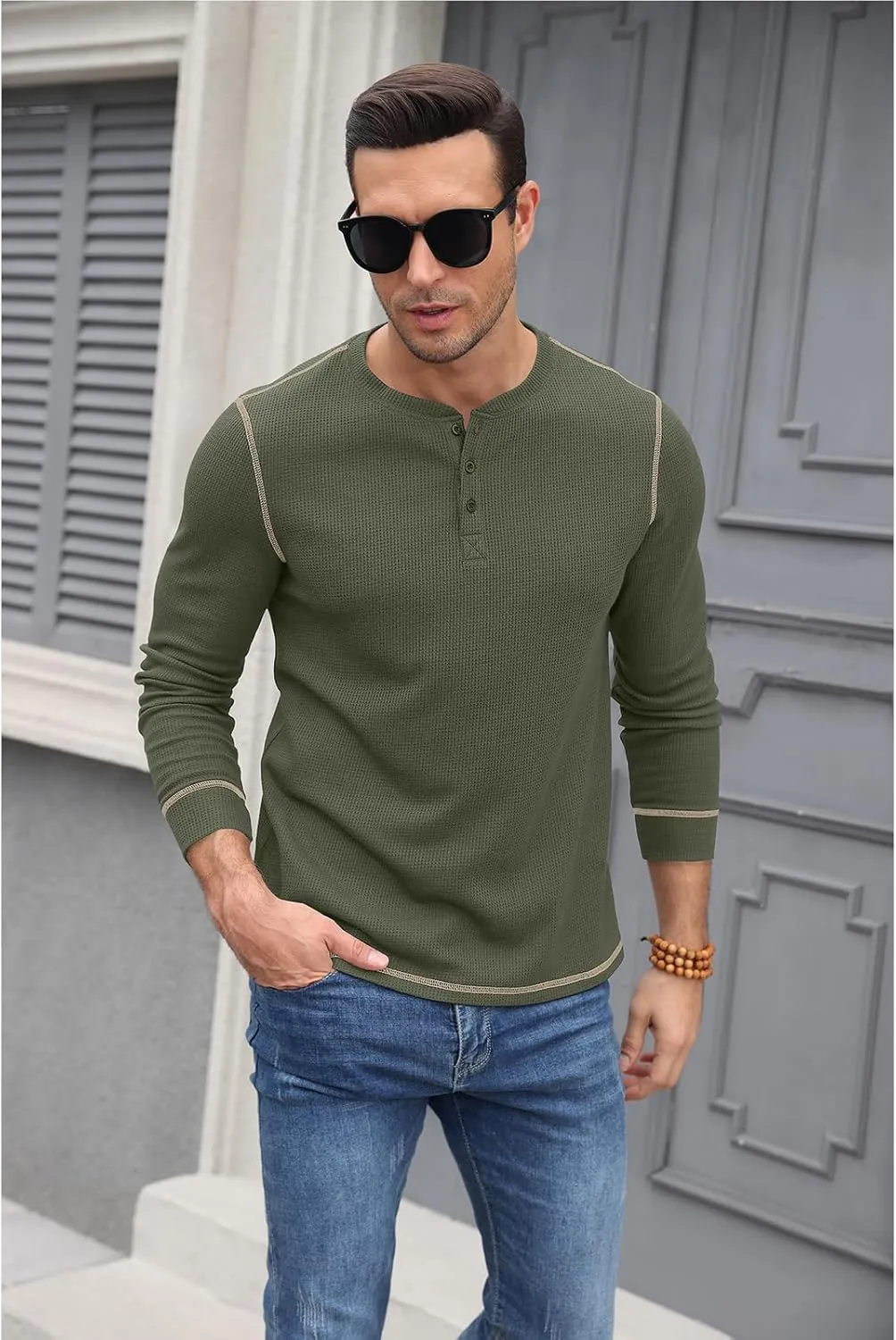 RQP Mens Henley Long Sleeve Waffle Knit Tee Fashion Button Fall Shirts