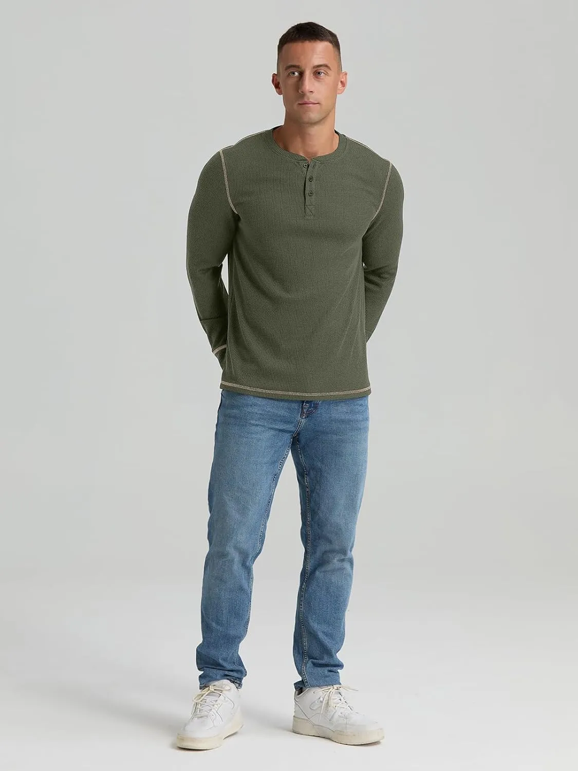 RQP Mens Henley Long Sleeve Waffle Knit Tee Fashion Button Fall Shirts