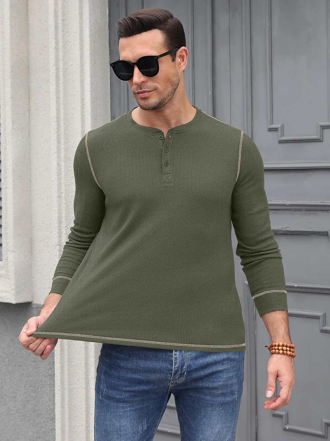 RQP Mens Henley Long Sleeve Waffle Knit Tee Fashion Button Fall Shirts