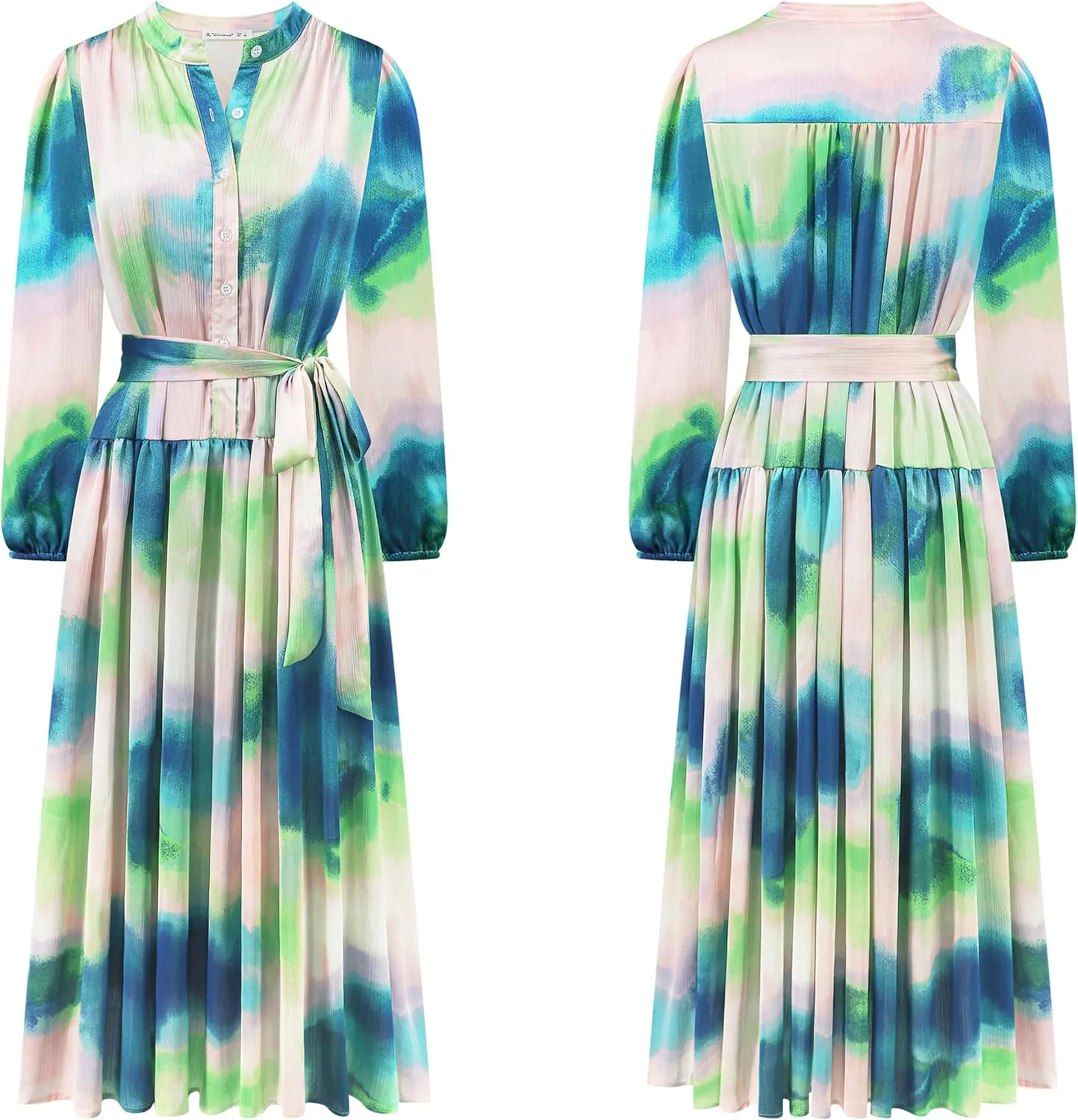 R.Vivimos Womens Long Sleeve Tie Dye Henley V Neck Button Up Loose Flowy Midi Dress with Belt