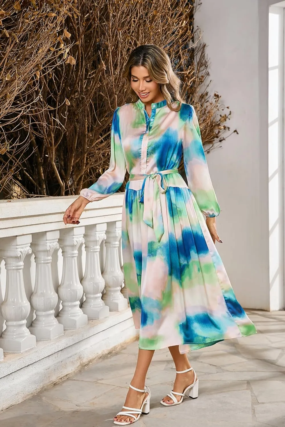 R.Vivimos Womens Long Sleeve Tie Dye Henley V Neck Button Up Loose Flowy Midi Dress with Belt