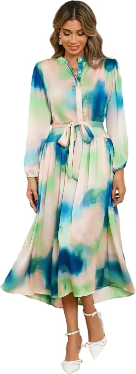 R.Vivimos Womens Long Sleeve Tie Dye Henley V Neck Button Up Loose Flowy Midi Dress with Belt