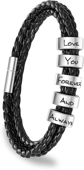 ShineSand Personalized Mens Leather Bracelet with Custom Beads, Customized Braid Leather Bracelet Engraved with Names for Men