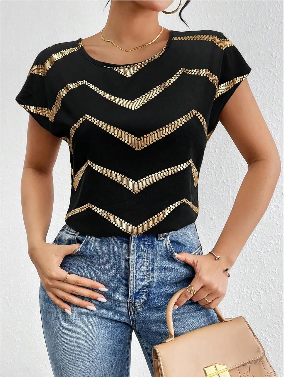 SweatyRocks Women's Crew Neck Satin Blouse Cap Short Sleeve Party Blouse Shirts Tops