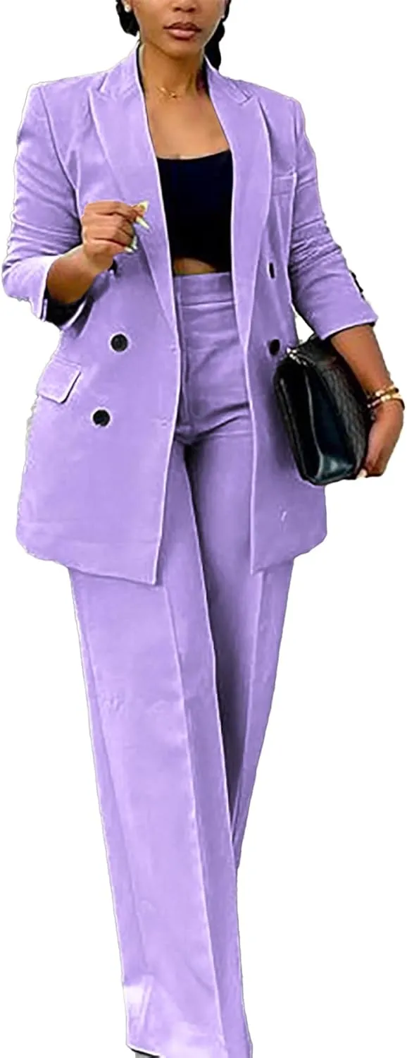 Tcremisa Women's Fashion Pants Suit 2 Piece Business Outfits Casual Double Breasted Blazer and Pant Sets