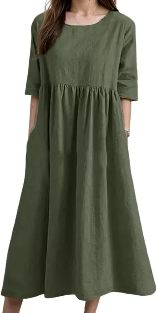 TIAFORD Women's Boho Floral Print Short Sleeve Dress Summer Casual Crew Neck Plus Size Empire Waist Maxi Dresses with Pockets