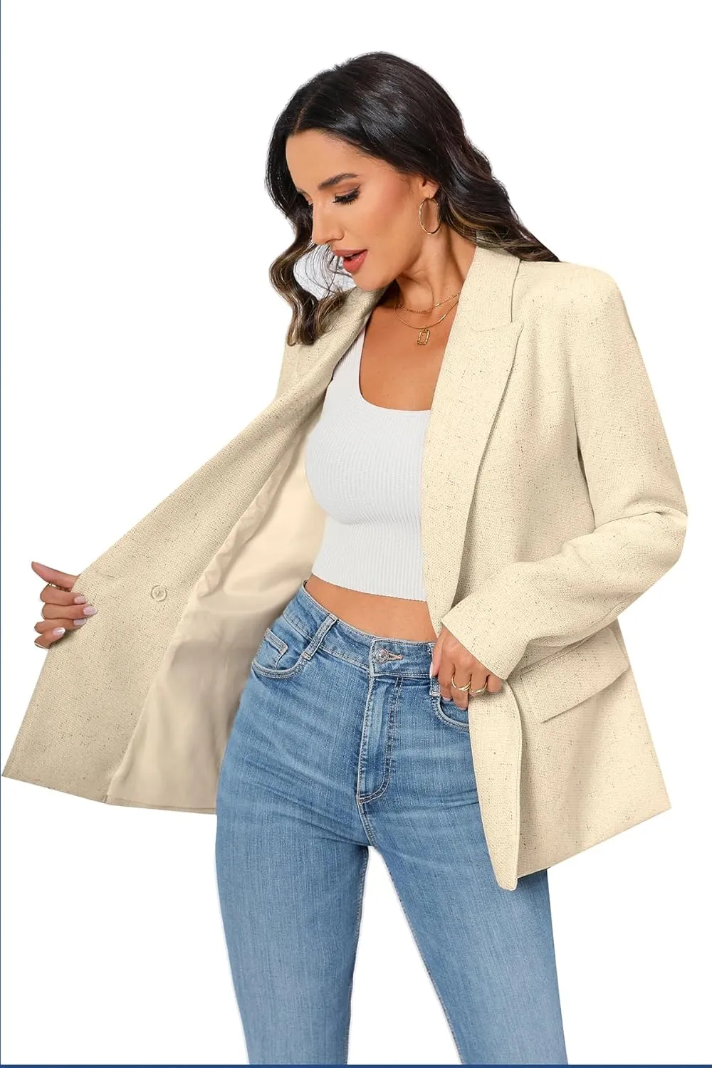 TRNY Women's Oversized Double-Breasted Suit Blazer Jacket Long Sleeve Casual Boyfriend Style Work Office Blazer with Pockets