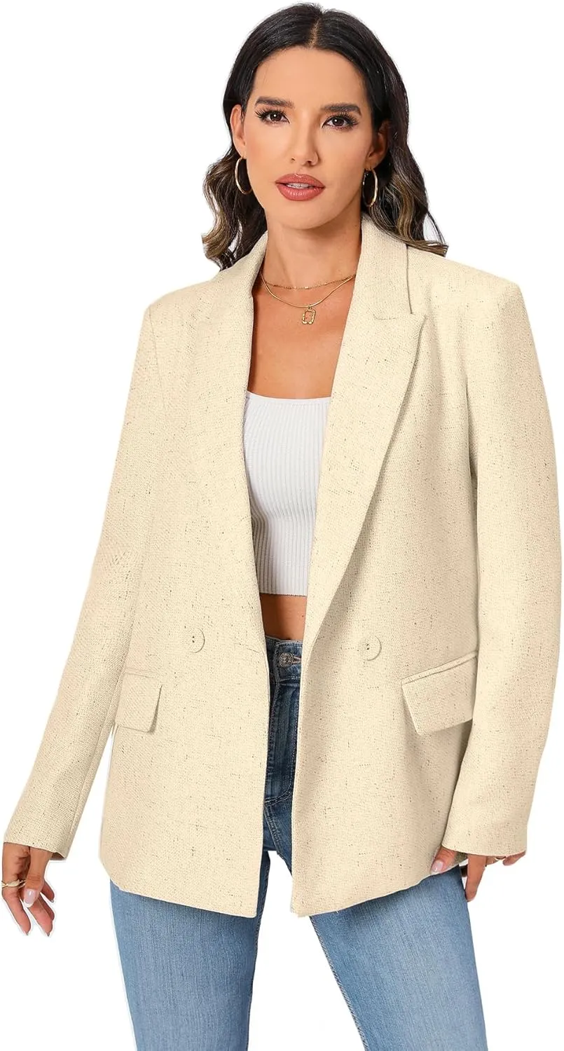 TRNY Women's Oversized Double-Breasted Suit Blazer Jacket Long Sleeve Casual Boyfriend Style Work Office Blazer with Pockets