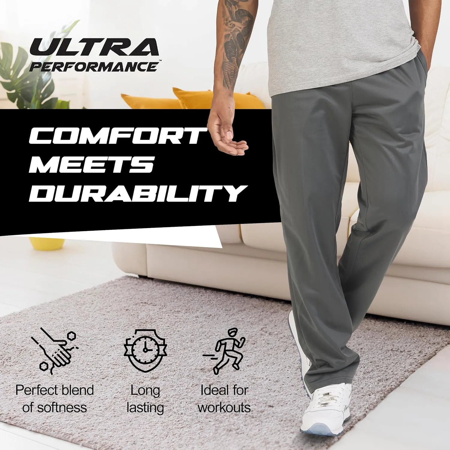 Ultra Performance 3 Pack Mens Athletic Open Bottom Sweatpants Active Track Pants Casual Tricot Wide Leg Sweat Pants for Men