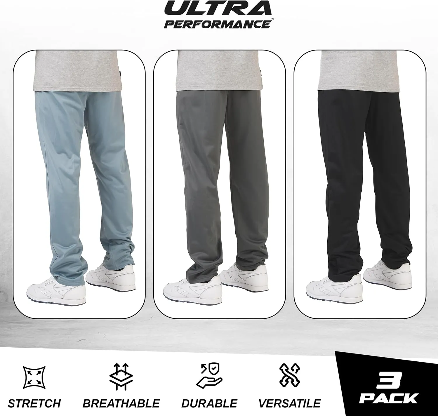 Ultra Performance 3 Pack Mens Athletic Open Bottom Sweatpants Active Track Pants Casual Tricot Wide Leg Sweat Pants for Men