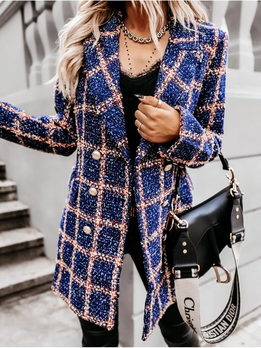 utcoco Womens 2025 Fashion Tweed Blazers Business Casual Double Breasted Open Front Plaid Blazer Jackets