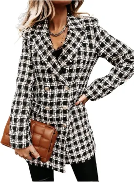 utcoco Womens 2025 Fashion Tweed Blazers Business Casual Double Breasted Open Front Plaid Blazer Jackets