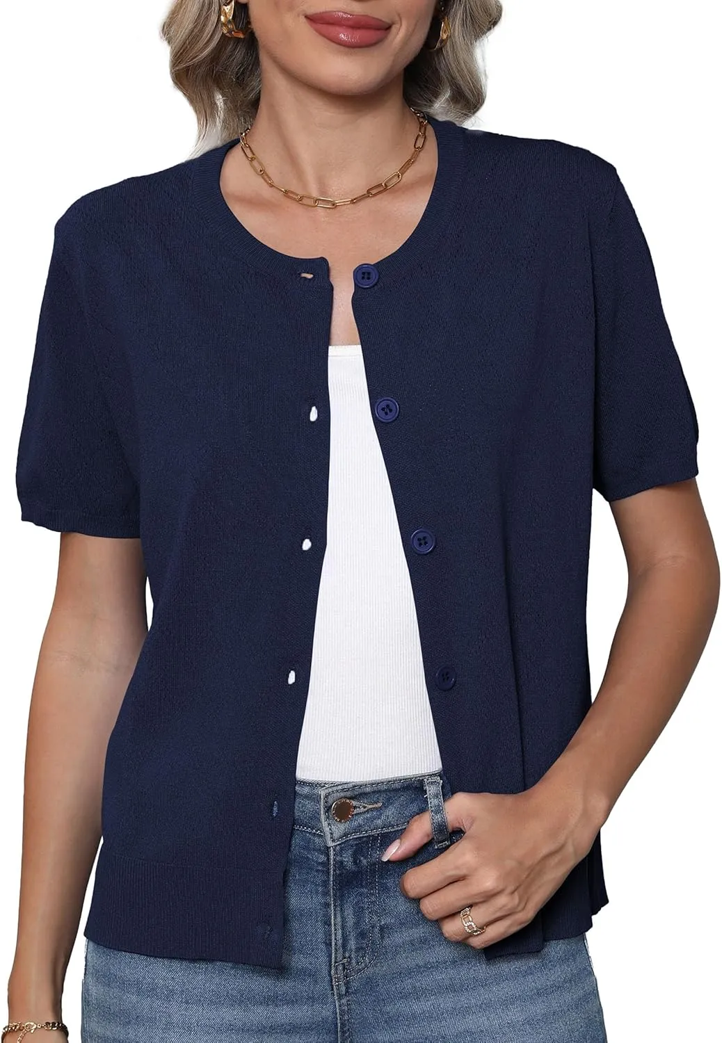 VIISHOW Women's Summer Lightweight Short Sleeve Cardigan Crochet Knit Shrug Open Front Crew Neck Button Up Casual Tops