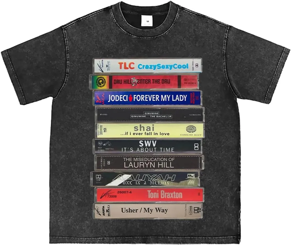 Vintage 90s R&B Cassette Tape T-Shirt Music Graphic Unisex Tee, XL Black