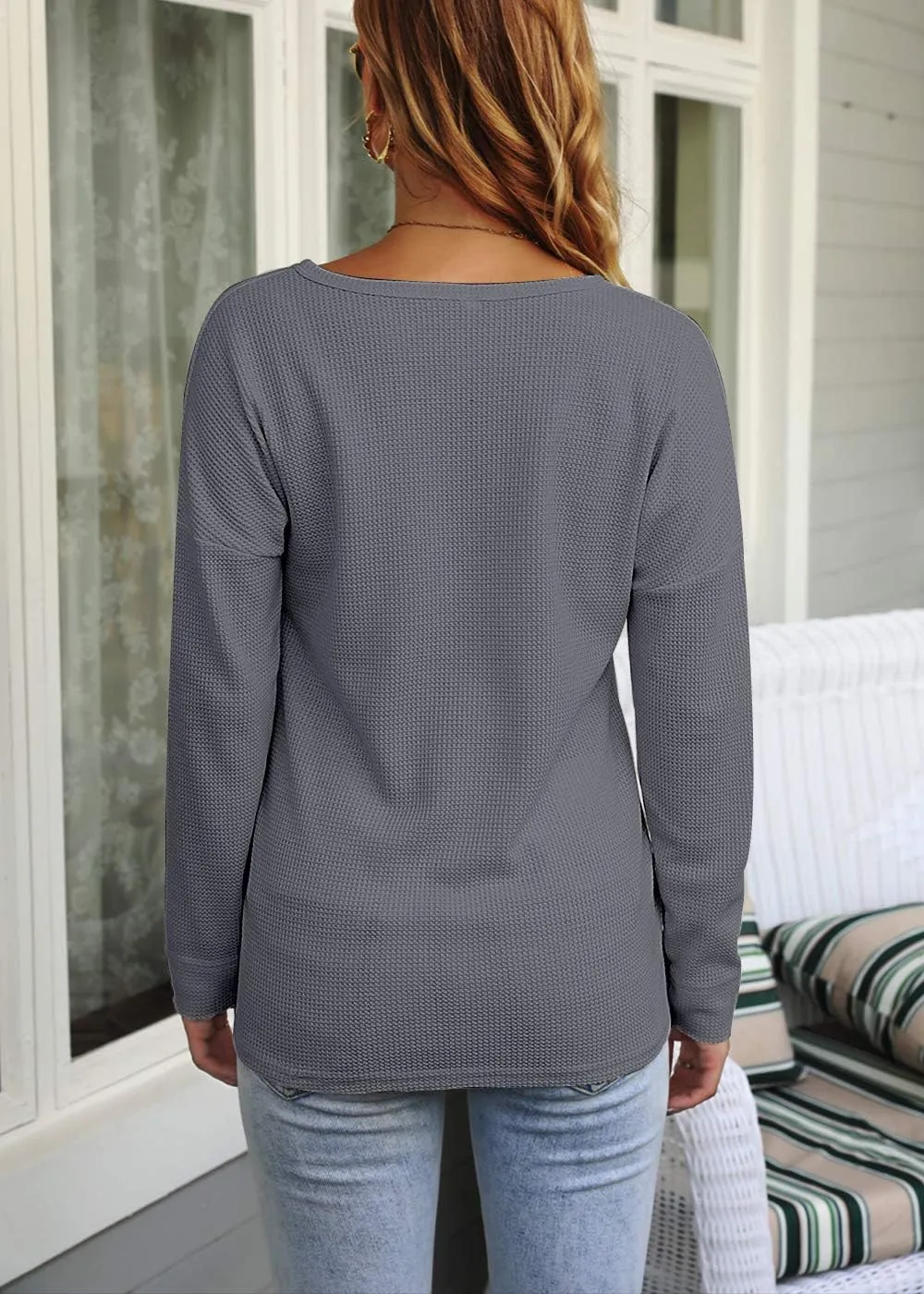 WNEEDU Women's Waffle Knit Tunic Tops Loose Long Sleeve Button Up V Neck Henley Shirts