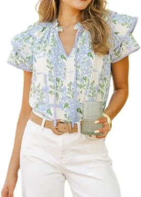 Women Boho Floral Short Sleeve Shirts Ruffle Fly Sleeve Babydoll Peplum Blouse Summer Going Out Tops