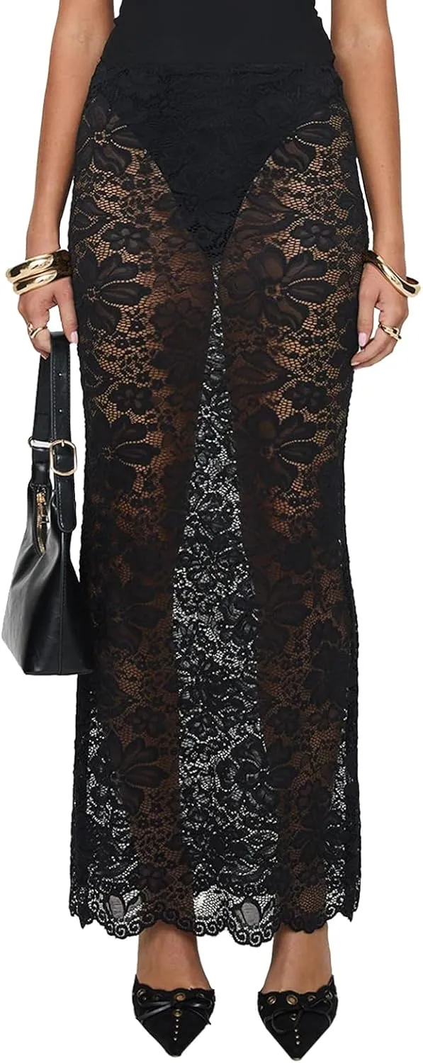 Women Grunge Lace Maxi Skirt Low Waist Asymmetrical High Low A Line Flowy Long Skirt Sheer Mesh See-Through Beach Midi Skirt
