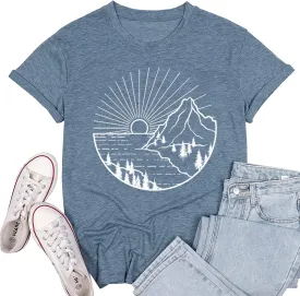 Women Hiking Mountain Shirt Nature Sunrise Graphic Printed Hiking T Shirt Summer Short Sleeve Workout Tee top