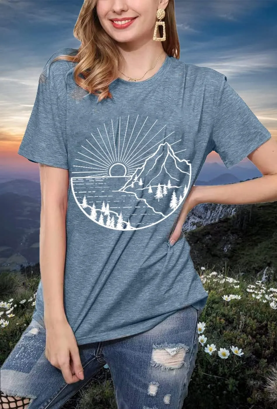 Women Hiking Mountain Shirt Nature Sunrise Graphic Printed Hiking T Shirt Summer Short Sleeve Workout Tee top