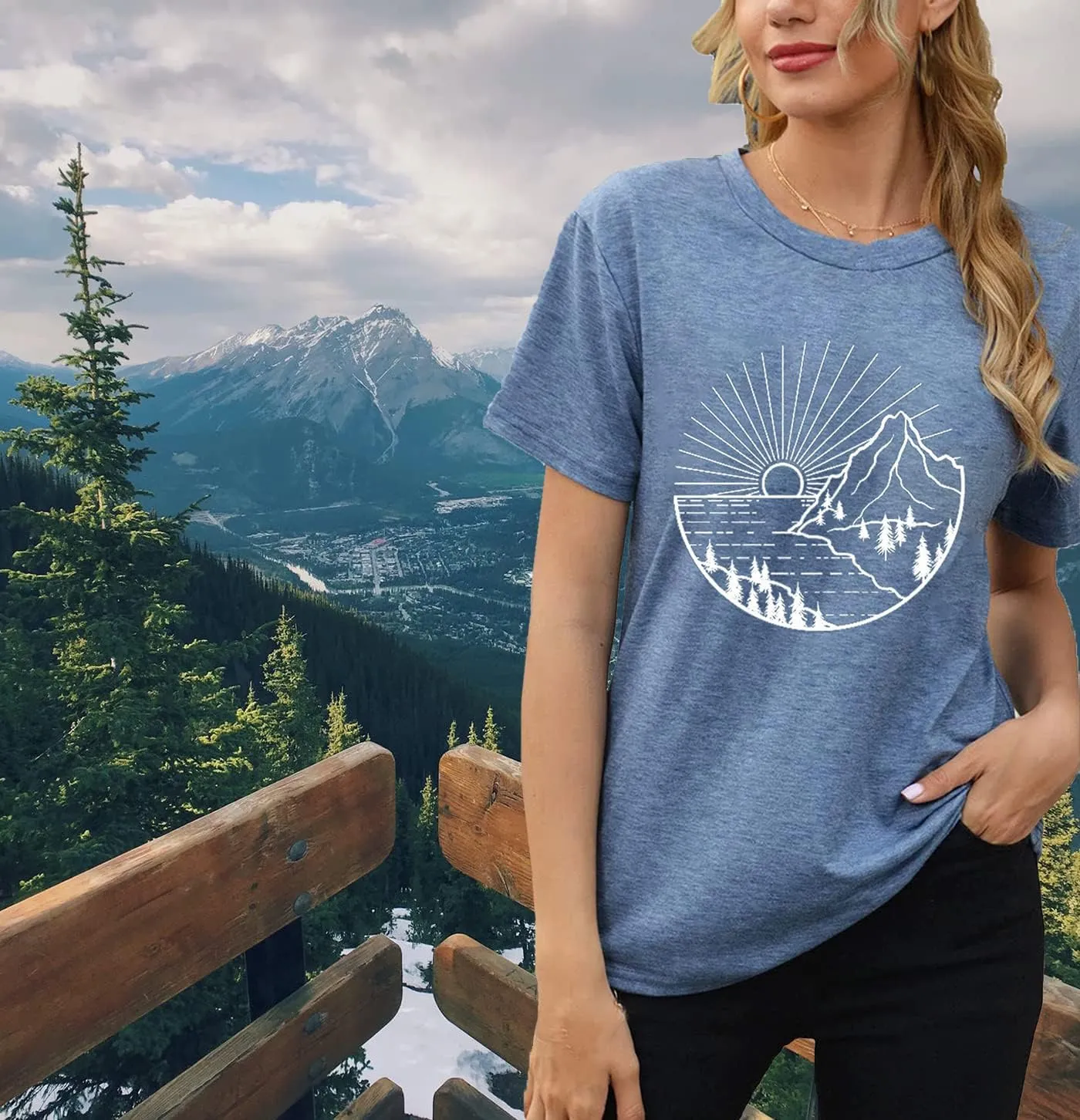 Women Hiking Mountain Shirt Nature Sunrise Graphic Printed Hiking T Shirt Summer Short Sleeve Workout Tee top