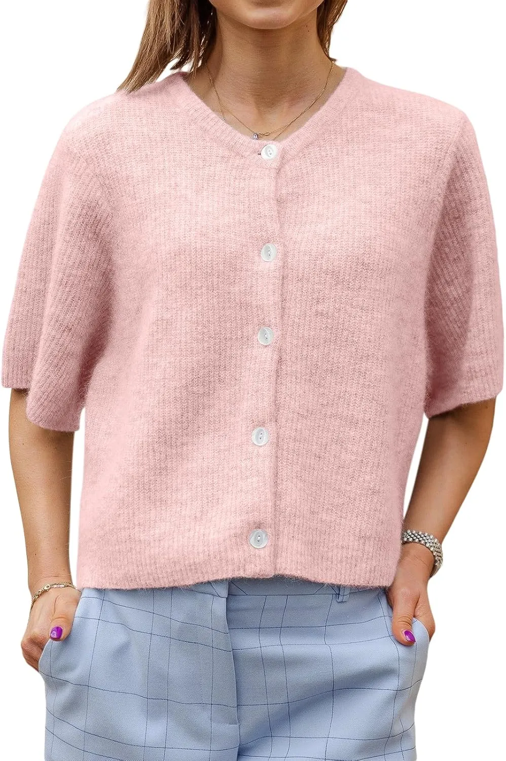 Women Knitted Crop Cardigan Shirt Y2k Short Sleeve Cardigan Button Up Rib Knit Elegant Loose Fit Sweater Tops